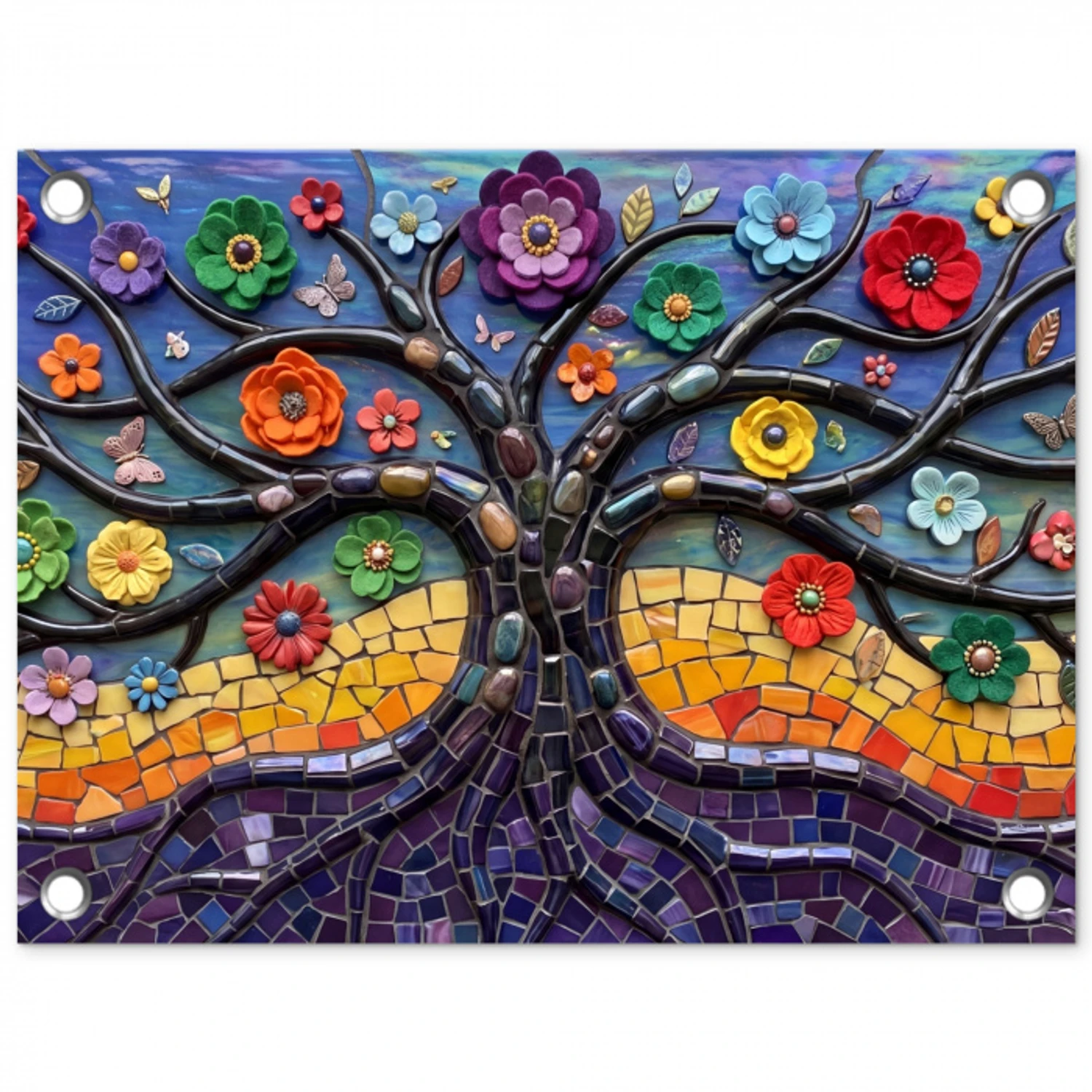 Levensboom - Mozaïek - Bloemen - Kleurrijk - Vrolijk tuinposter los doek klein -3d