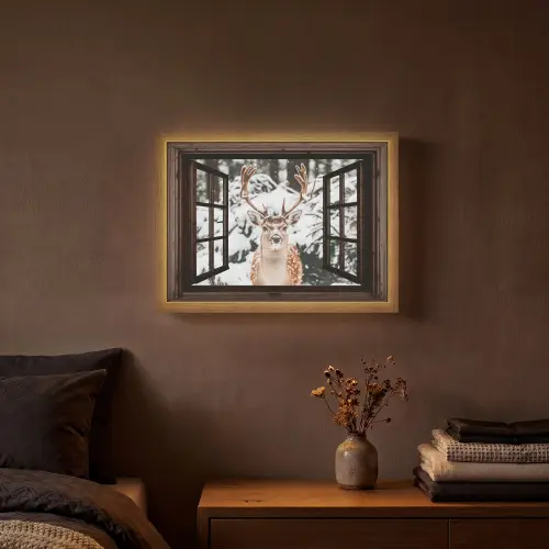 Hert - Sneeuw - Winter - Bos - Dieren - Doorkijk Light Box met batterij (Wandlamp) middel -sfeer4