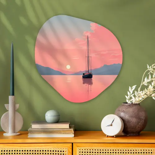 Zeilboot - Roze zee - Zonsondergang - Bergen Wandcirkel Organisch Plexiglas middel -sfeer2