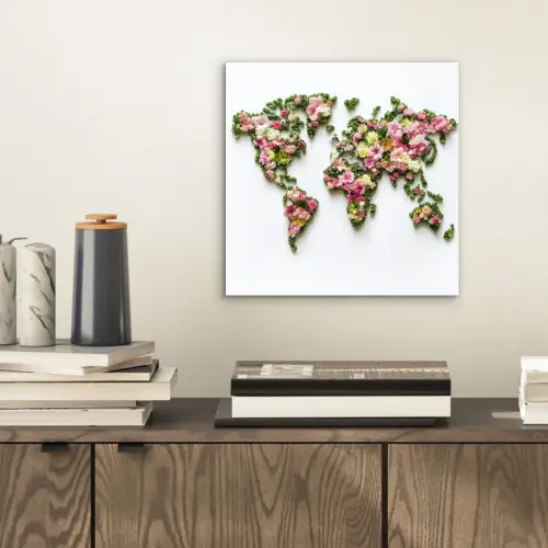 Wereldkaart - Kleurrijk - Bloemen - Lente aluminium wit klein -sfeer1