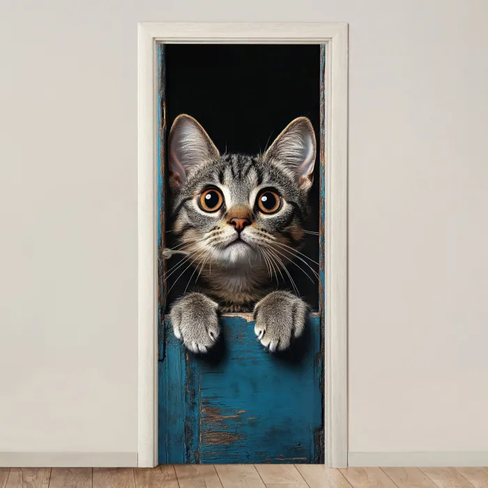 Kat - Doorkijk - Hout - Dieren - Blauw deurposter klein -3d_beige