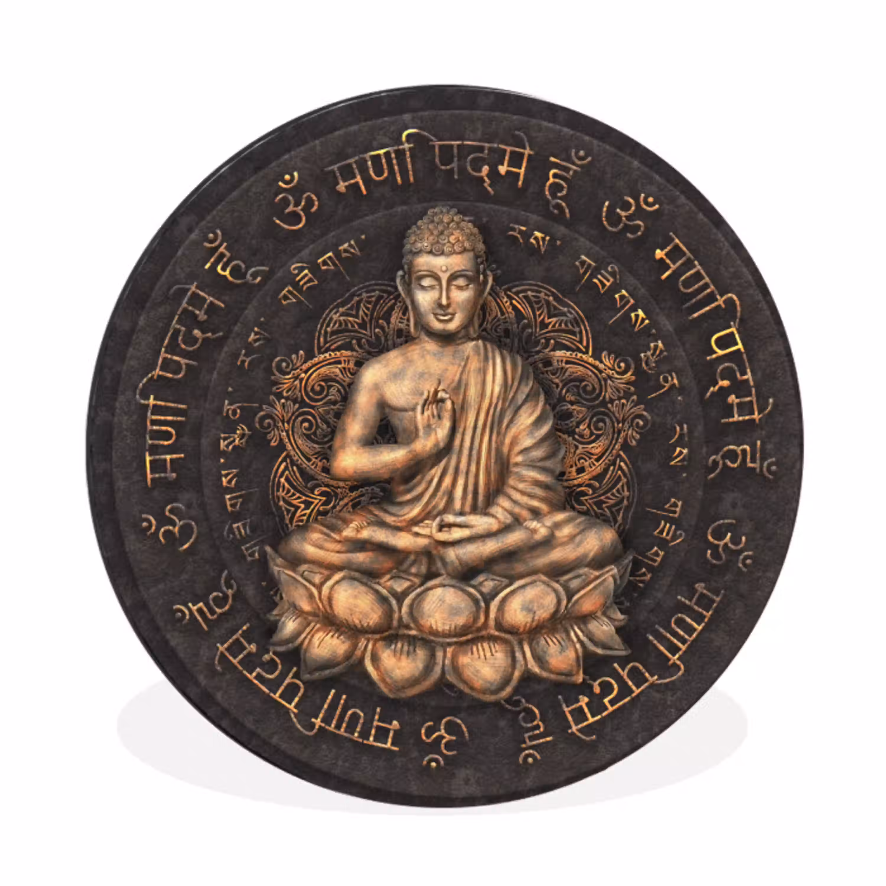 Boeddha - Mantra - Meditatie - Spiritueel - Koper Wandcirkel aluminium klein -3d