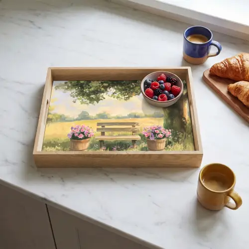 Houten bankje - Bloempotten - Landschap Dienblad Rechthoek middel -sfeer2