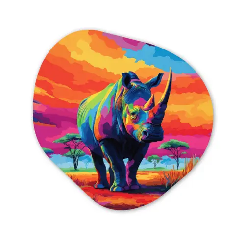 Neushoorn - Zonsondergang - Savanna - Kleurrijk Wandcirkel Organisch Plexiglas middel -3d
