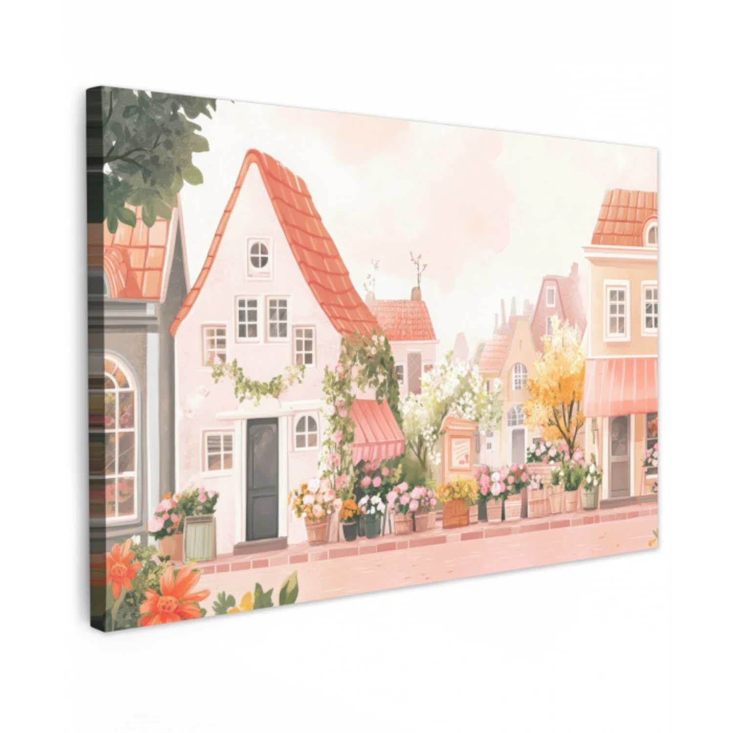 Bloemen - Huizen - Dorp Tuinposter op houten frame 2 cm dik klein -3d