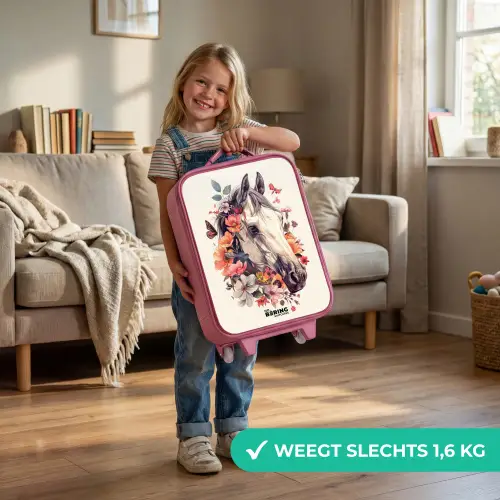 Wit paardenhoofd omringd door bloemen en vlinders Kinderkoffer - Roze klein -sfeer2_NL