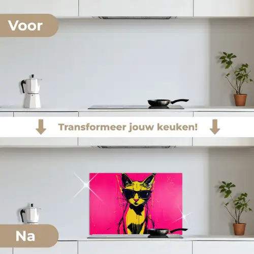 Kat - Art - Zonnebril - Roze keuken achterwand spatscherm klein -voor_na_NL