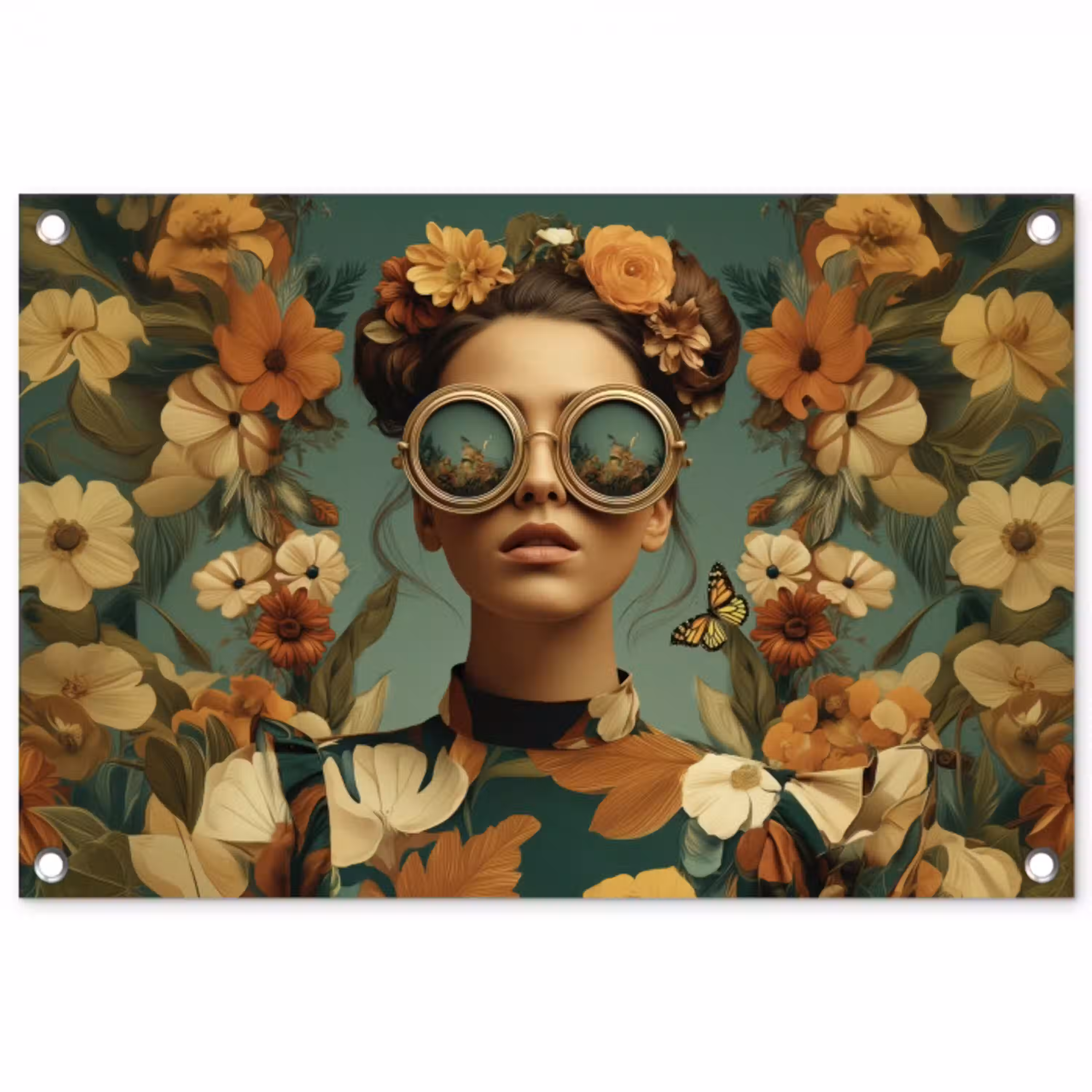 Bloemenkrans - Vrouwengezicht - Zonnebril - Oranje tuinposter los doek klein -3d