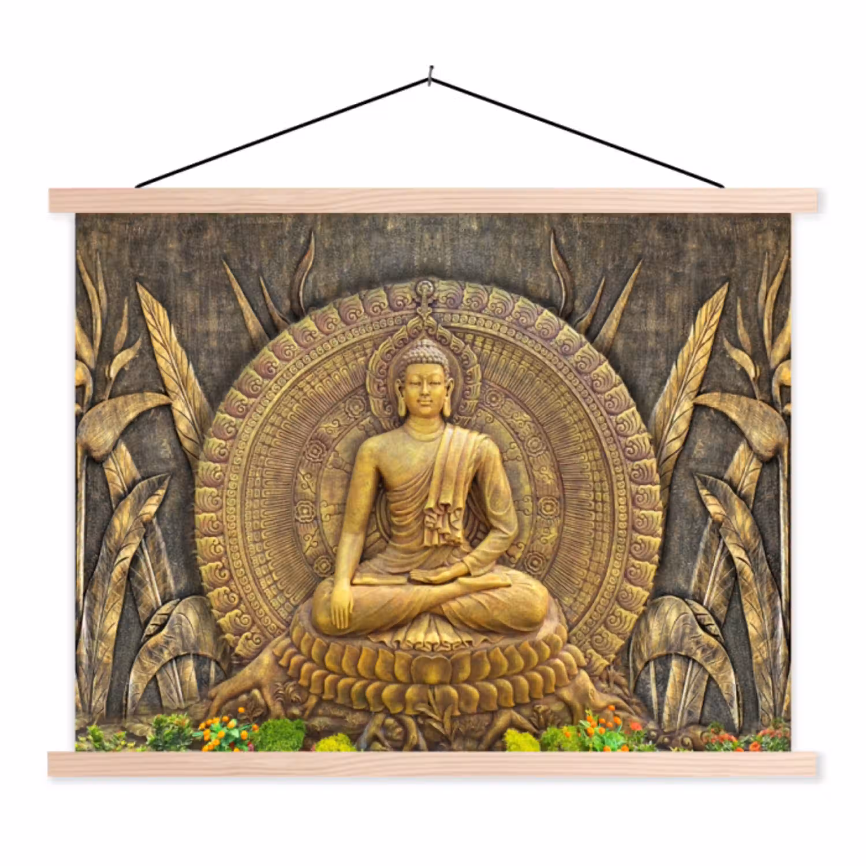 Goud - Boeddha beeld - Spiritueel - Meditatie textielposter latten blank klein -3d