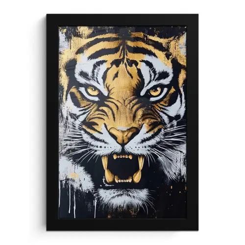 Tijger - Verfspatten - Goud fotolijst zwart zonder passe partout klein -3d