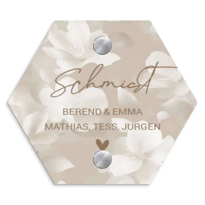 Beigefarbene Blumen - Elegant Naambord Hexagon klein -3d