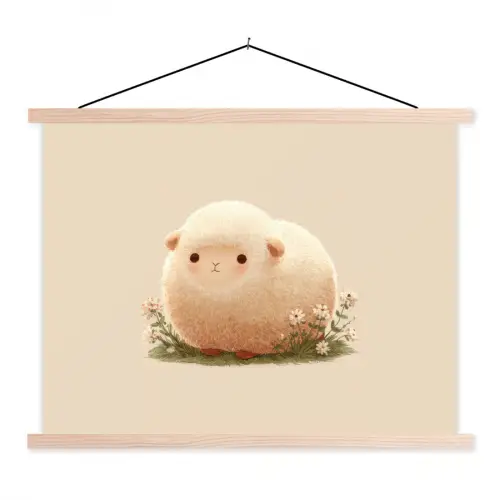 Schaap - Beige - Bloemen textielposter latten blank klein -3d