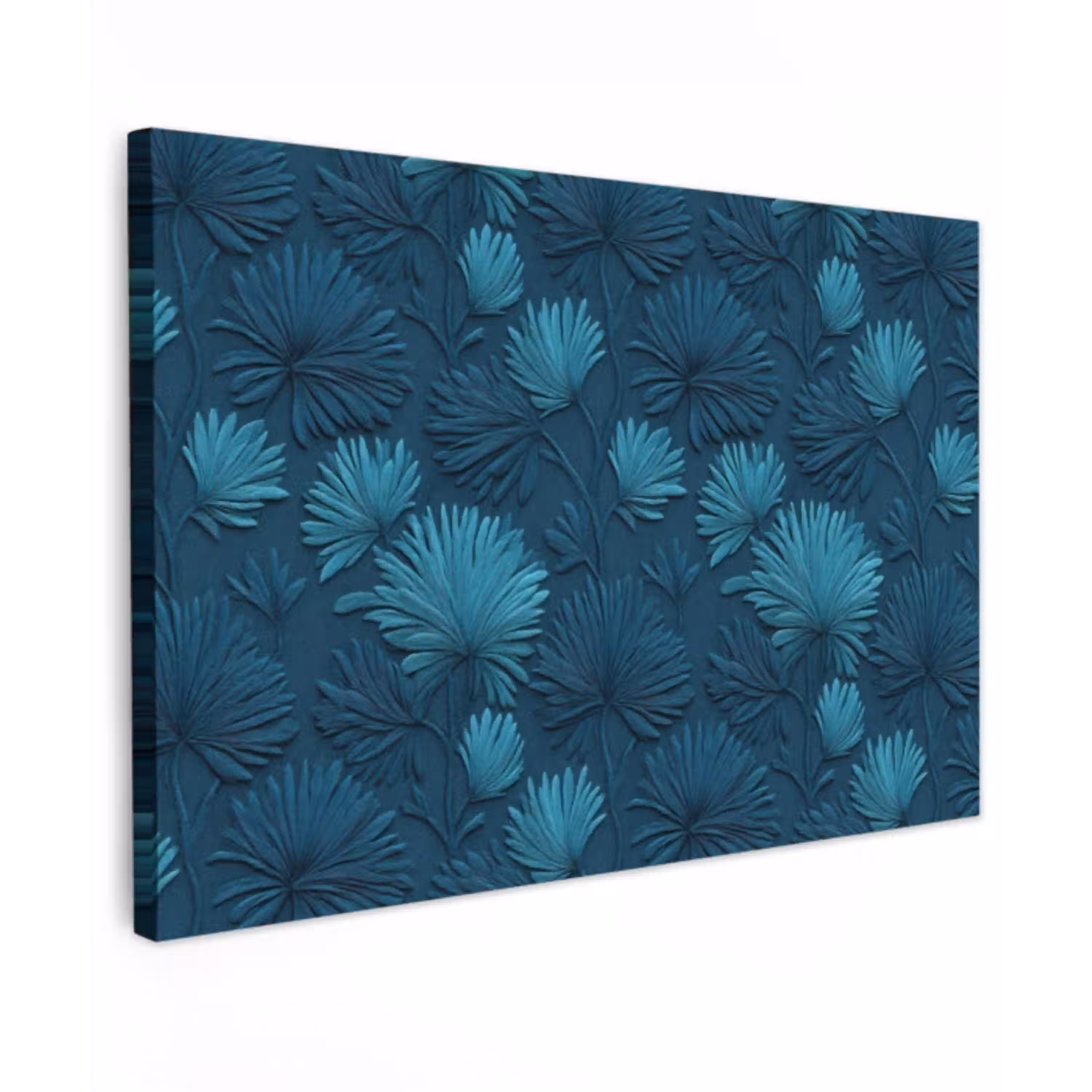 Bladeren - Reliëf - Patroon - Oceaanblauw - Modern canvas 2cm klein 34 -z3d
