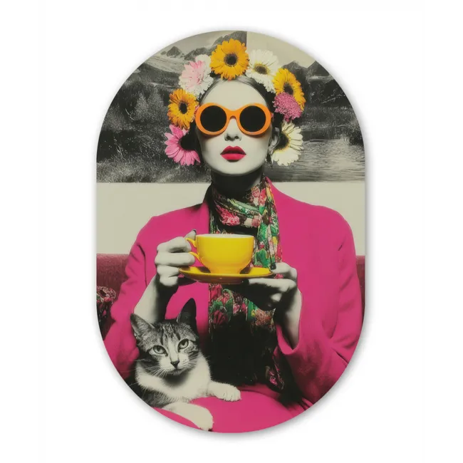 Muurovaal - Vrouw - Kat - Bloemen - Kopje - Retro
