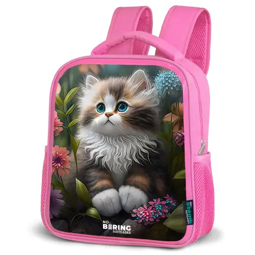 Kitten tussen bloemen Kinderrugzak - Roze middel -schuin