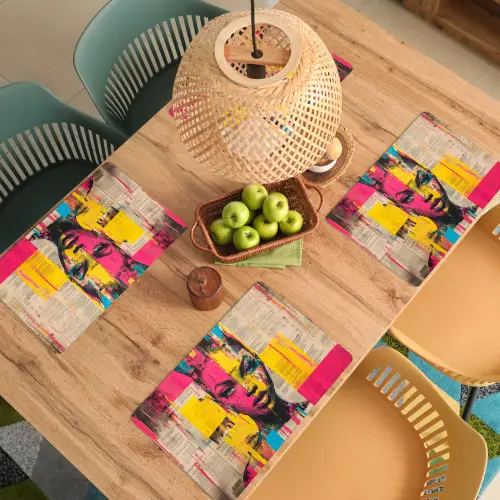 Vrouwengezicht - Krantenpapier - Abstract - Roze Placemat vinyl groot -zzsfeer5_Kitchenyeah-website