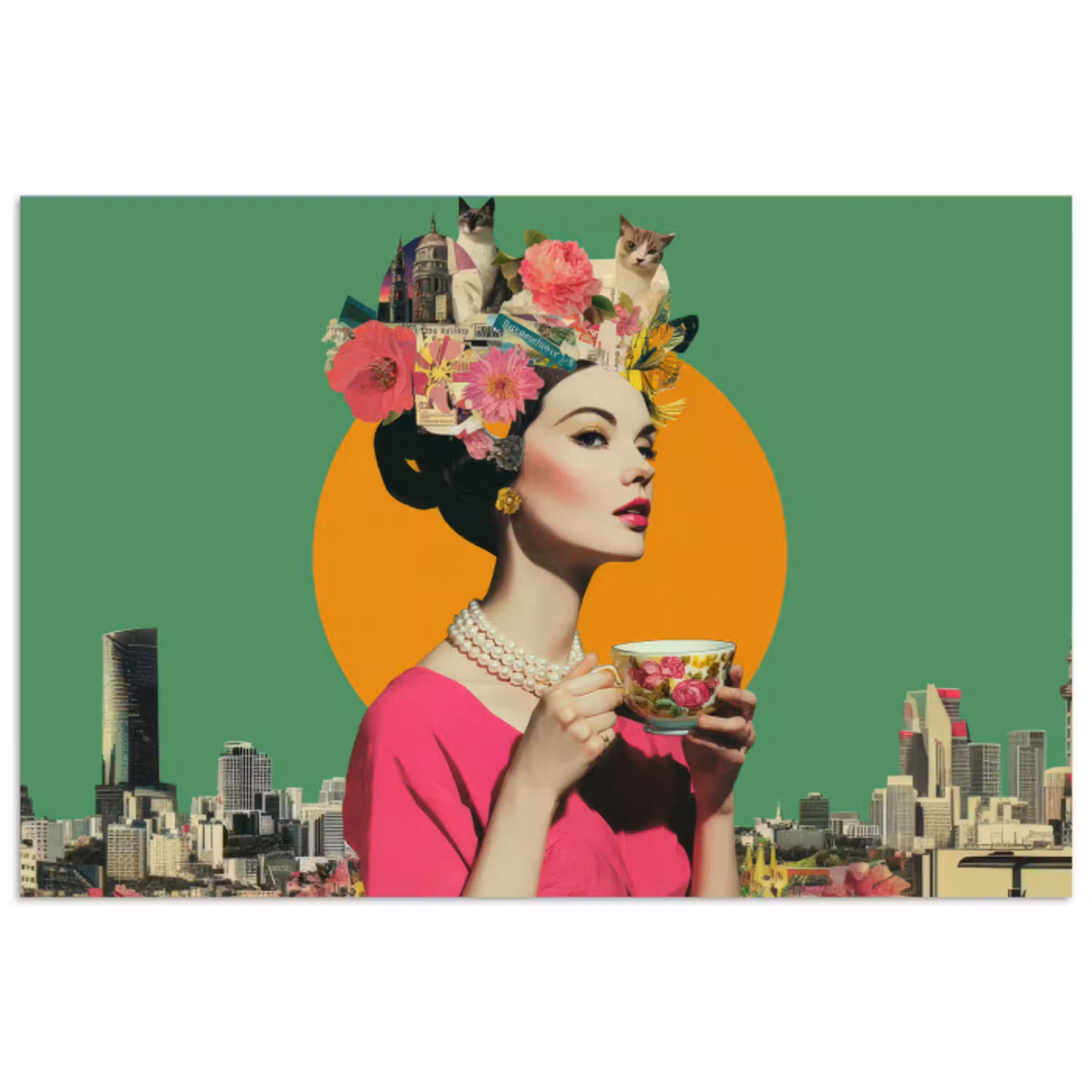 Retro - Vrouw - Stad - Zon poster papier klein -3d
