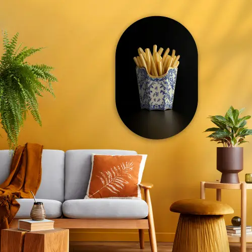 Friet - Porselein - Delfts blauw - Eten Wandcirkel Ovaal Glas middel -sfeer4