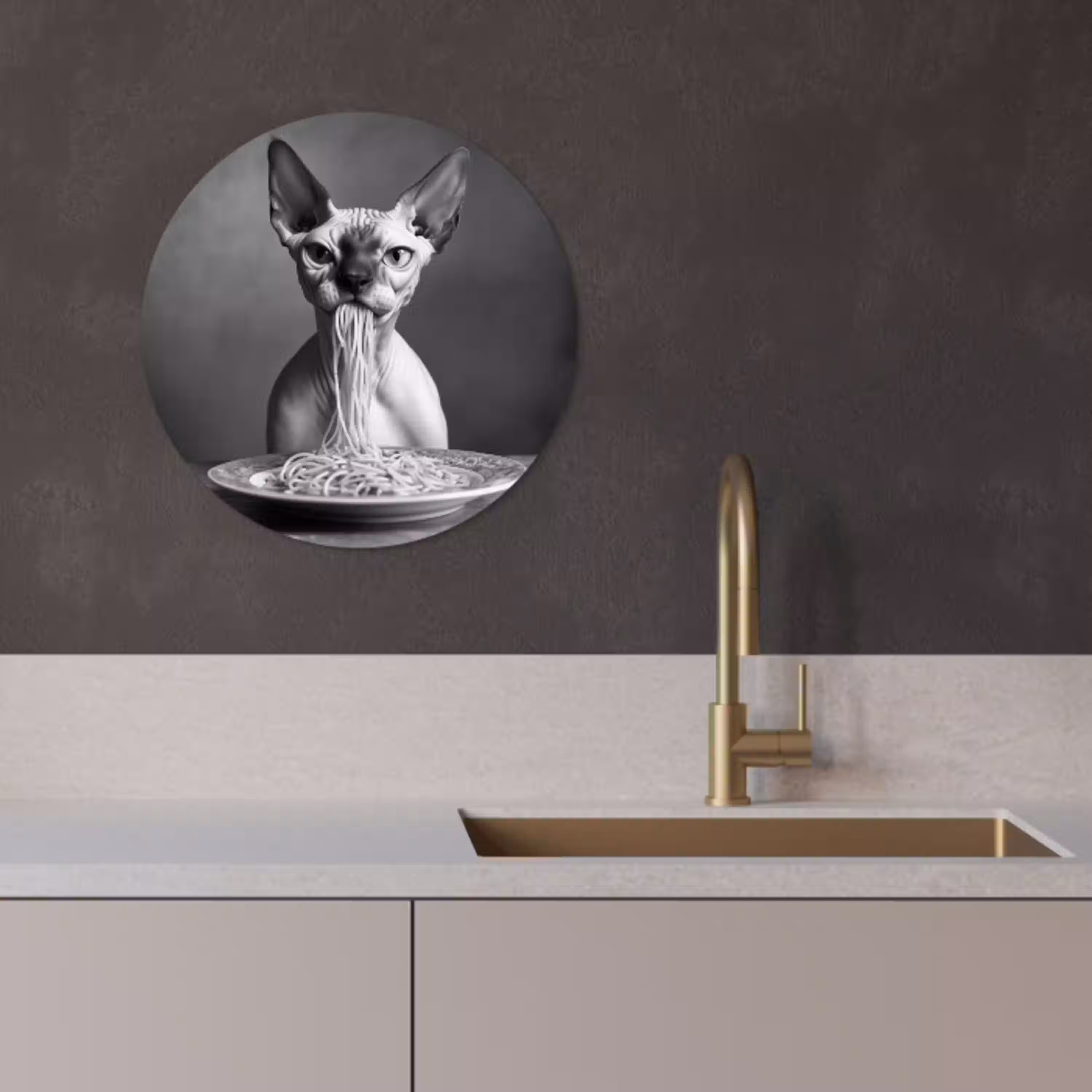 Sphynx - Kat - Dieren - Humor - Spaghetti - Zwart Wit KitchenYeah - Keuken - Wandcirkel Forex klein -sfeer1
