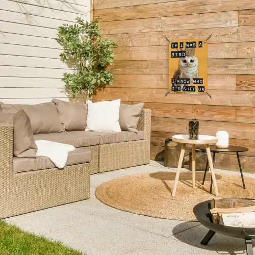 Geel - Uil - Vogel - Decoratie tuinposter los doek klein -sfeer4