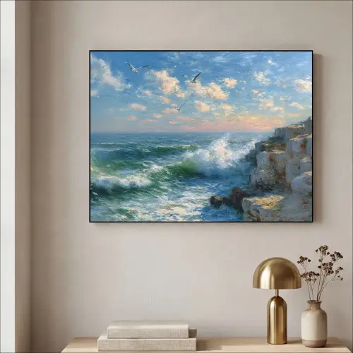 Zee - Golven - Rotsen - Meeuwen Textielframe zwart klein -sfeer2