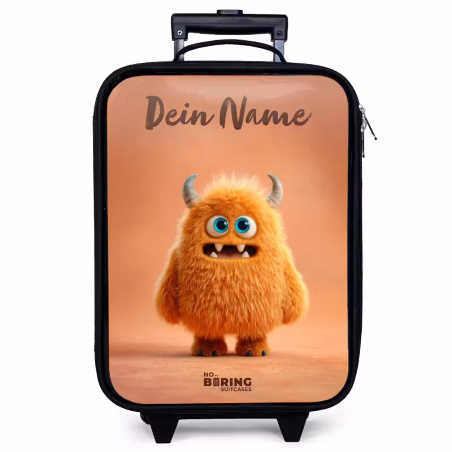 Kinderkoffer mit Name - Orangefarbenes flauschiges Monster mit Hörnern