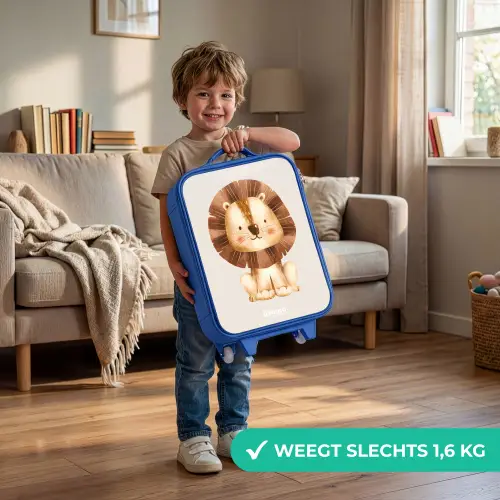 Leeuw illustratie met beige achtergrond Kinderkoffer - Blauw klein -sfeer2_NL