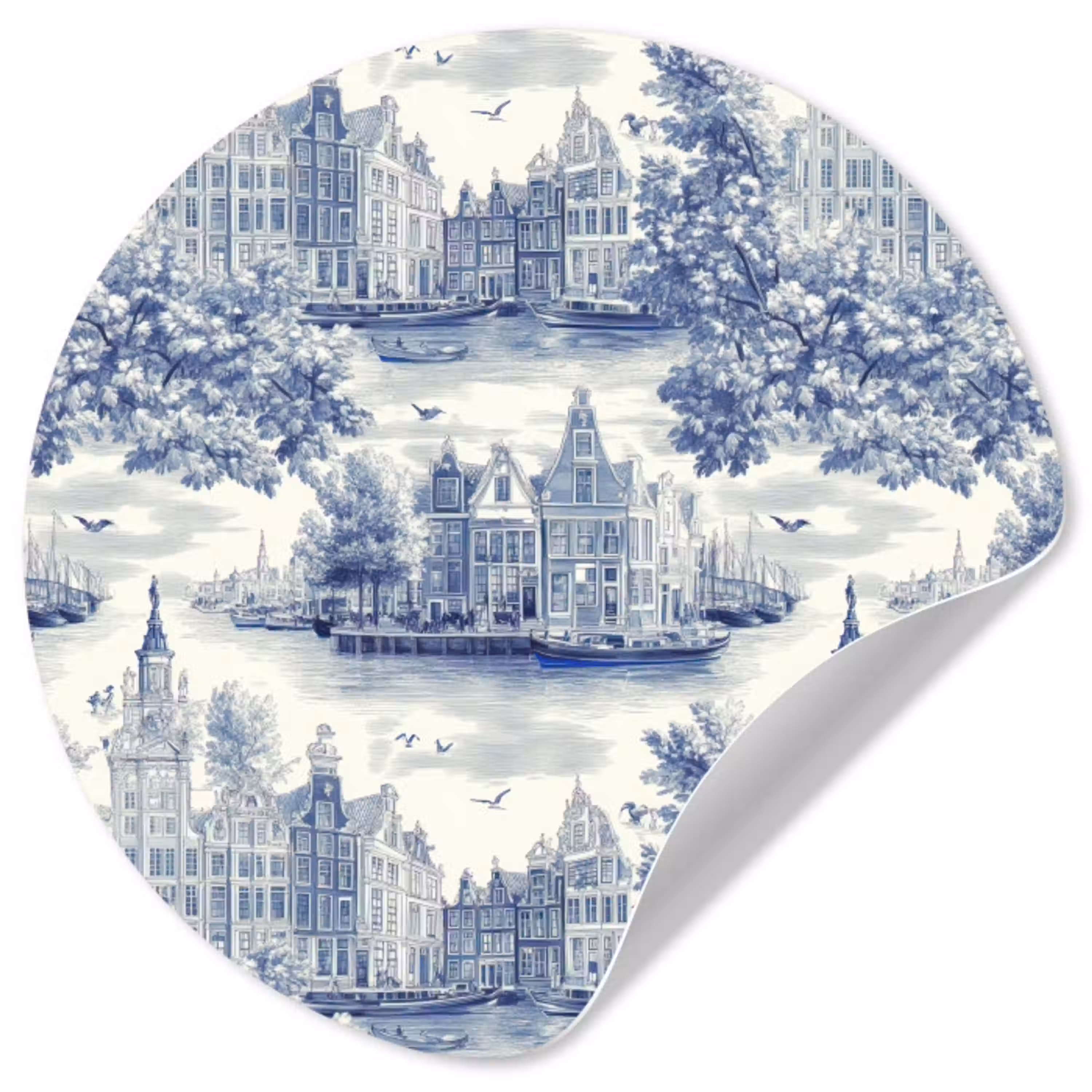 Huizen - Bomen - Water - Vogels - Blauw Wandcirkel behangsticker klein 186 -3d