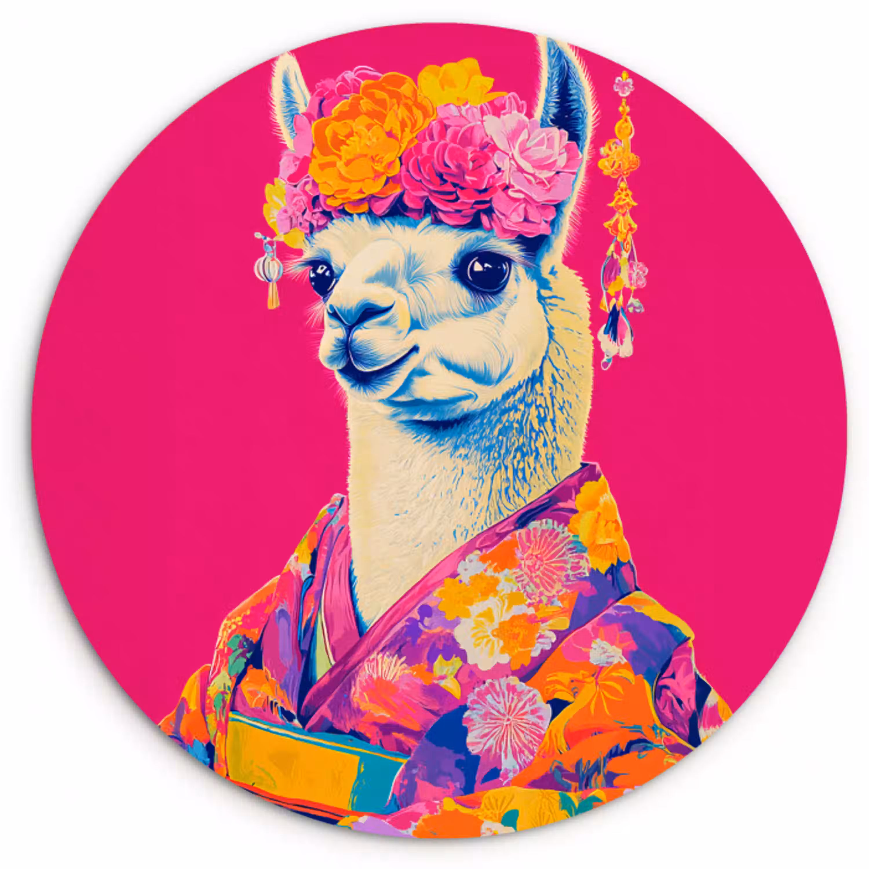 Lama - Kimono - Bloemenkrans - Felroze Wandcirkel kunststof plaat 5mm dik klein -3d
