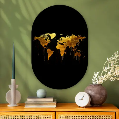 Wereldkaart - Goud - Druipen - Zwart Wandcirkel Ovaal Glas middel -sfeer2