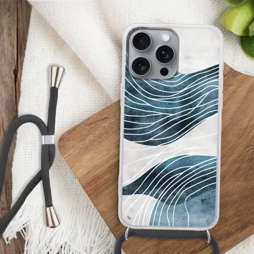Lijnen - Golven - Abstract - Blauw Hoesje iPhone 16 Pro Max met koord klein -sfeer4