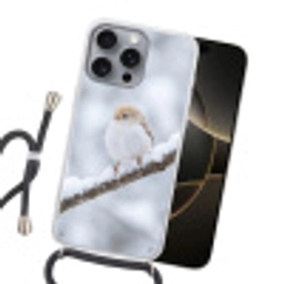 Vogeltje - Sneeuw - Tak - Winter - Zacht Hoesje iPhone 16 Pro Max met koord klein -sfeer1