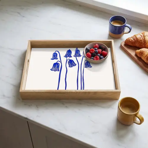 Bloemen - Blauw - Lijnen - Bloemblaadjes Dienblad Rechthoek middel -sfeer2
