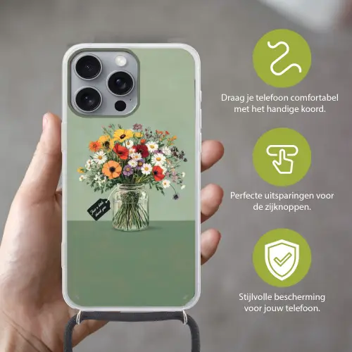 Bloemen - Vaas - Kaartje Hoesje iPhone 16 Pro Max met koord klein -sfeer2_NL