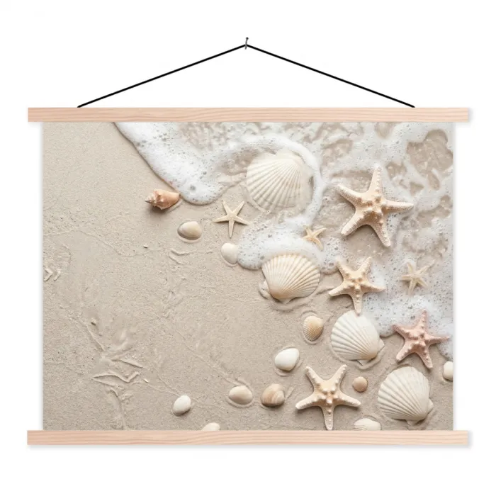 Schelpen - Zeesterren - Strand textielposter latten blank klein -3d