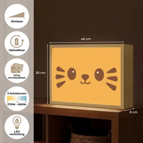 Kat - Simplistisch - Oranje - Vrolijk Light Box met batterij (Wandlamp kind) middel -USP_websiteoverzichtNL