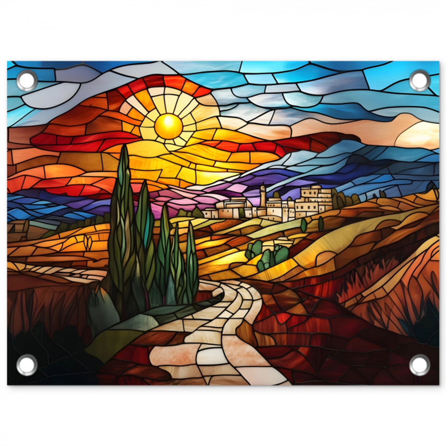Mozaïek - Zon - Landschap - Dorp tuinposter los doek klein -3d