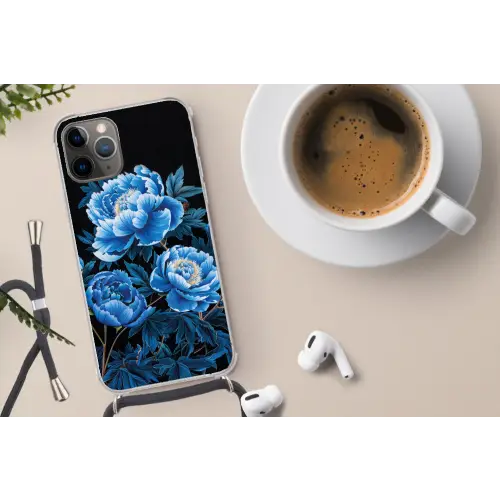 Bloemen - Zwart - Blauw - Modern Hoesje iPhone 12 Pro met koord klein -oordop