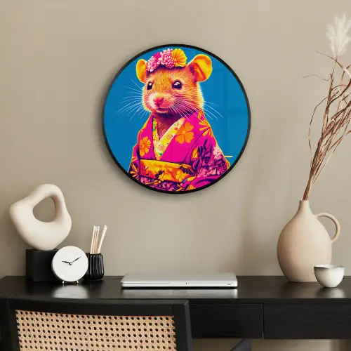 Muis - Kimono - Bloemen - Blauw Fotolijst rond zonder passe partout klein -sfeer1