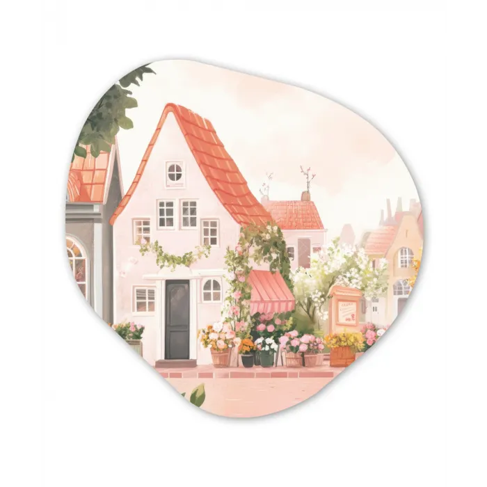Bloemen - Huizen - Dorp Wandcirkel Organisch Plexiglas middel -3d
