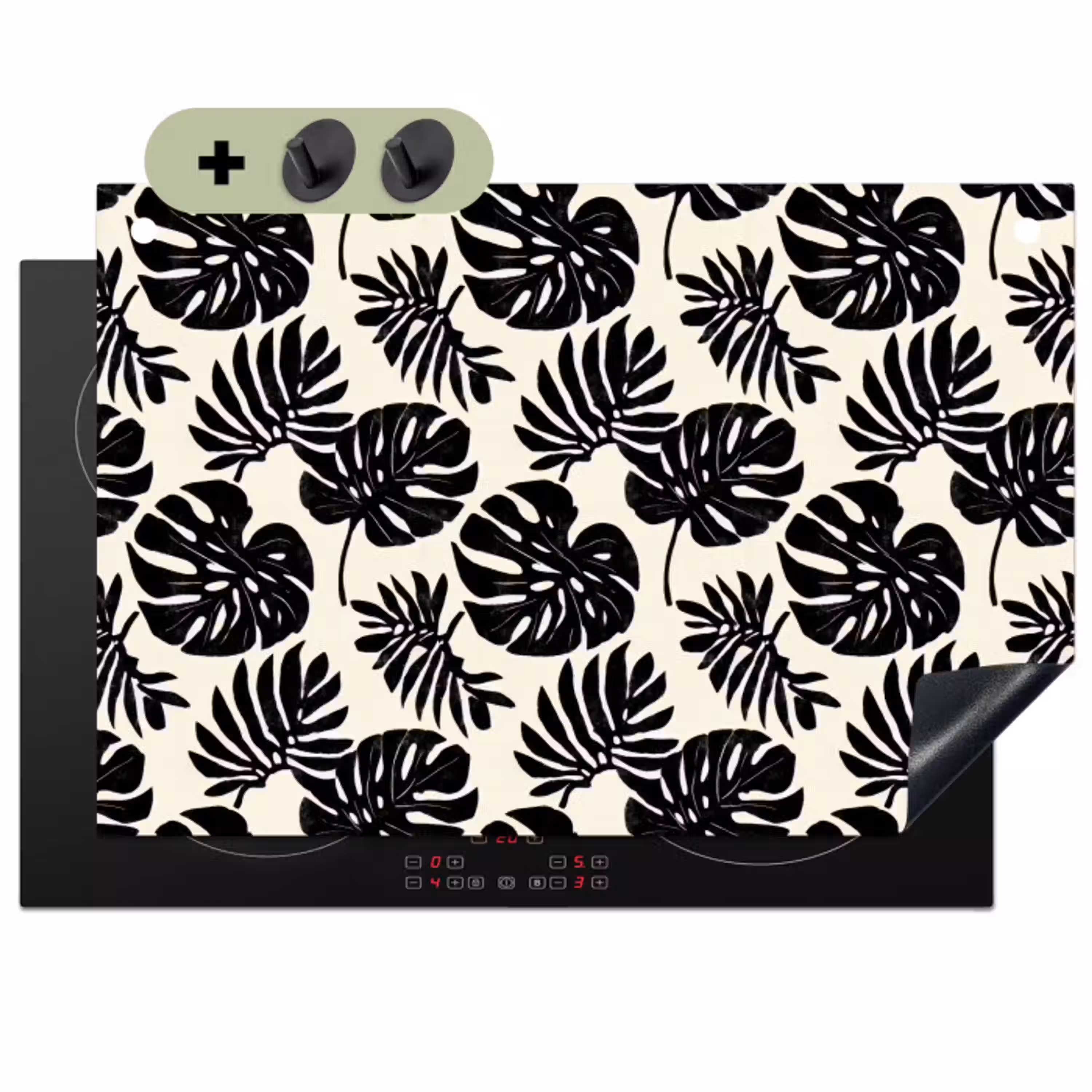 Modern - Monstera - Zwart Inductie beschemer met haakjes klein 777 -3d