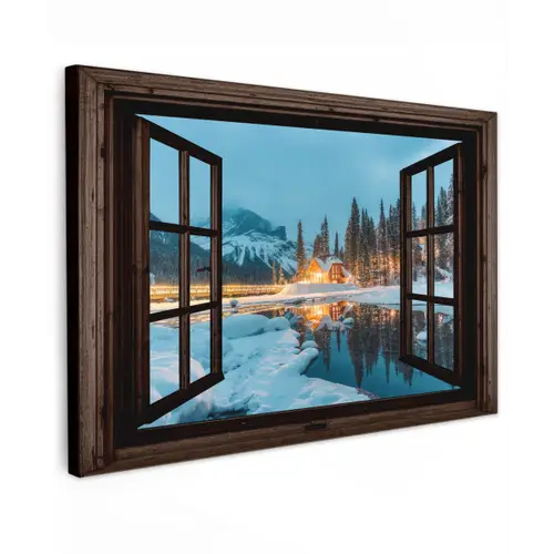 Doorkijk - Winter - Landschap - Natuur - Huis - Bergen Tuinposter op houten frame 2 cm dik klein -3d