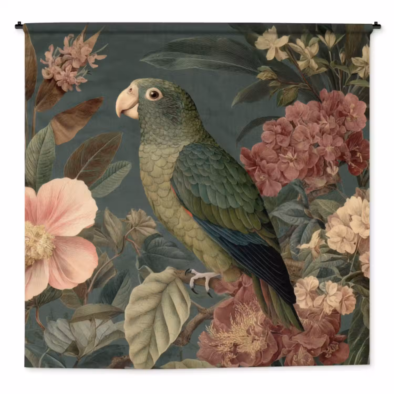 Wandkleed - Groene papegaai - Kleurrijke bloemen - Donkere achtergrond