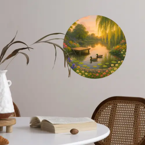 Eenden - Vijver - Bloemen Wandcirkel behangsticker klein -sfeer3