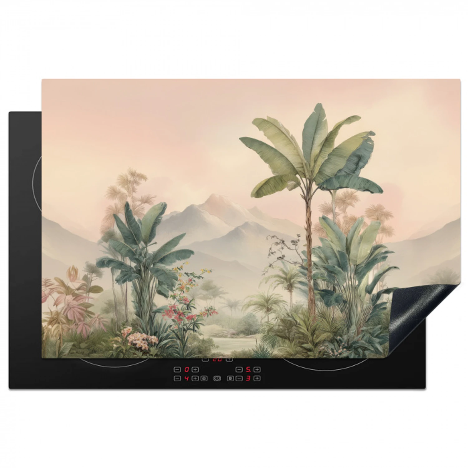 Tropisch landschap - palmbomen - Bloemen - Roze lucht Inductie beschermer vinyl 3mm klein -3d