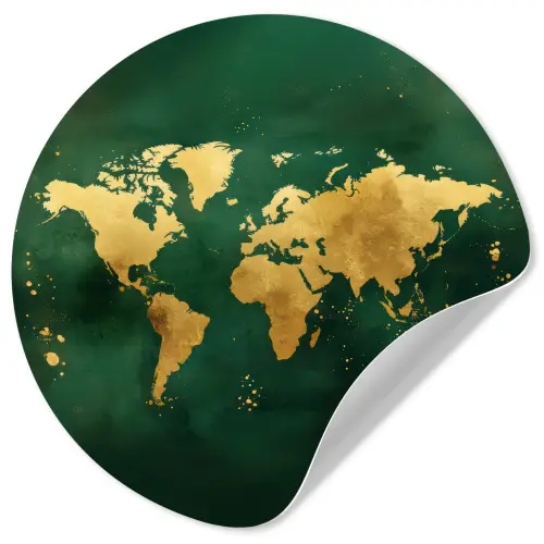 Wereldkaart - Groen - Goud Wandcirkel behangsticker klein -3d