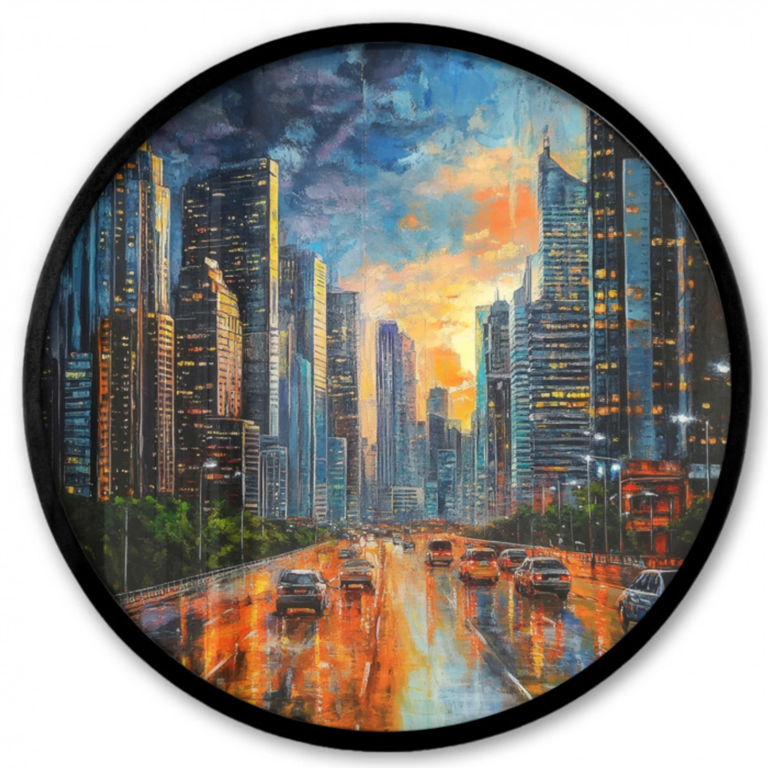 Auto - Skyline - Zon - Blauw Fotolijst rond zonder passe partout klein -3d