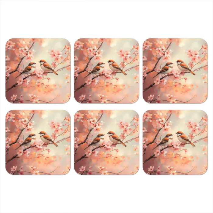 Vogels - Romantic - Bloesemtak onderzetter kurk middel -3d