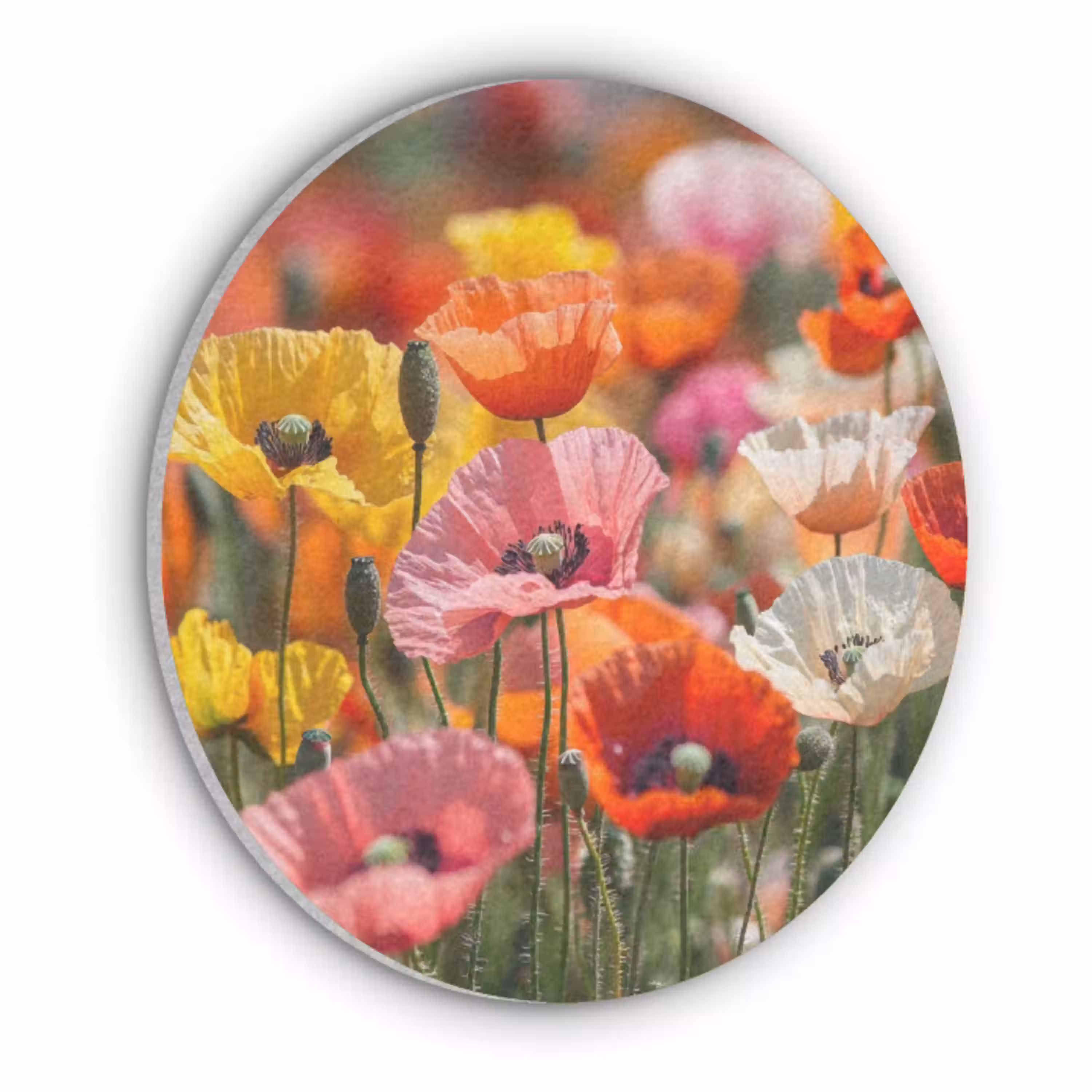 Bloemenveld - Klaprozen - Kleurrijk Akoestische PET Vilt - Rond klein -3d