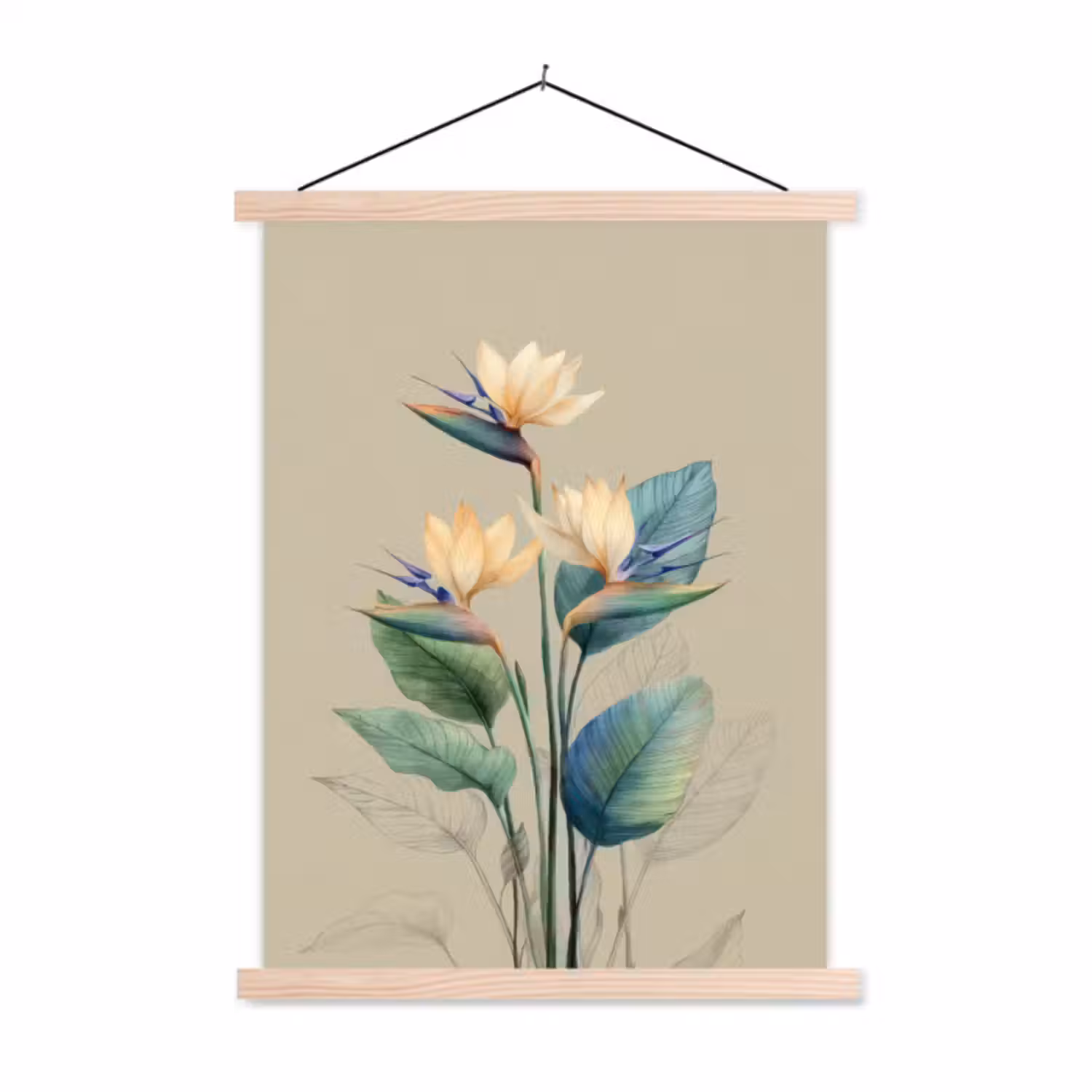 Schoolplaat - Paradijsvogelbloemen - Blauwgroene bladeren - Beige